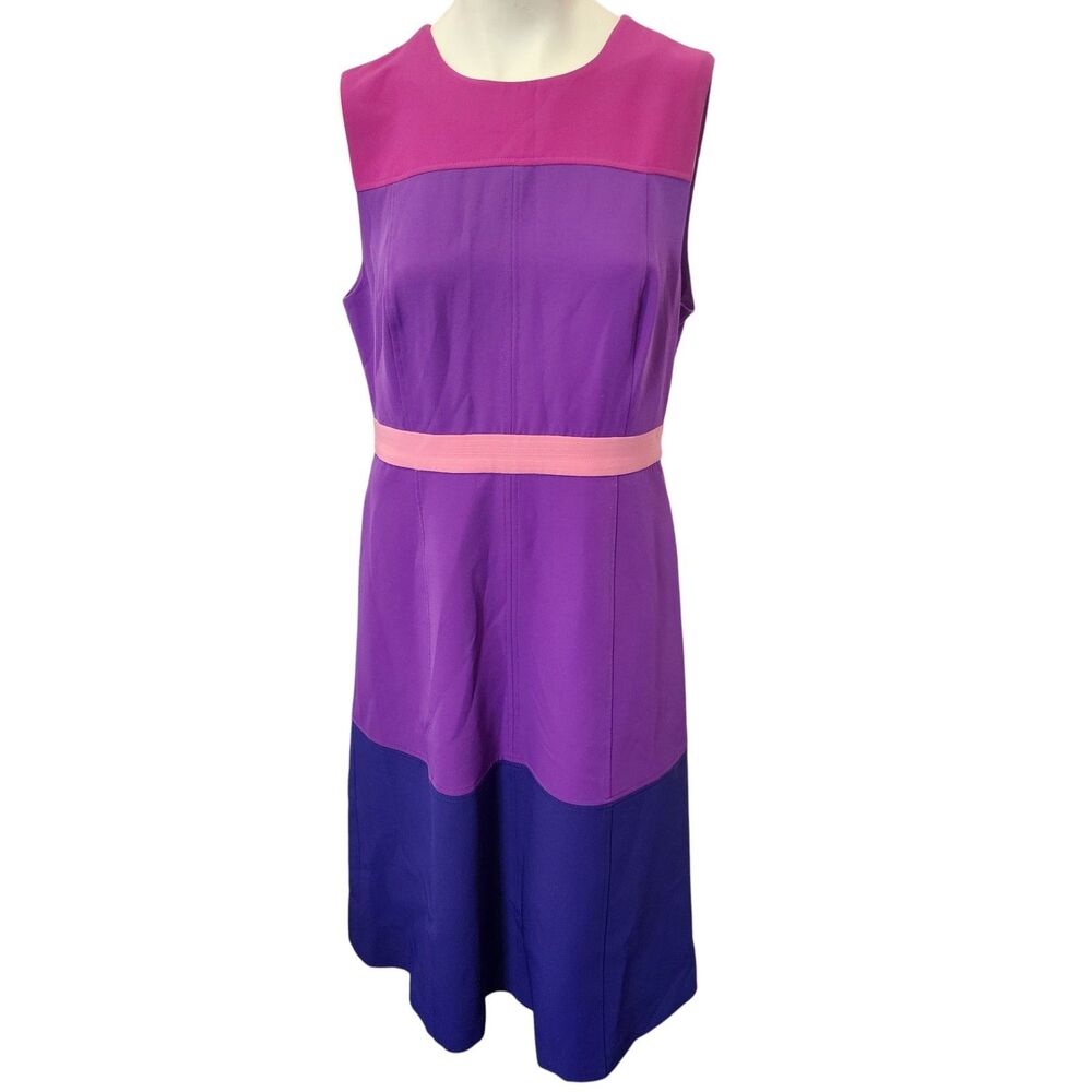 LDT Colorblock Midi Dress Size 12 Pink Purple Sleeveless Mod Career Dress